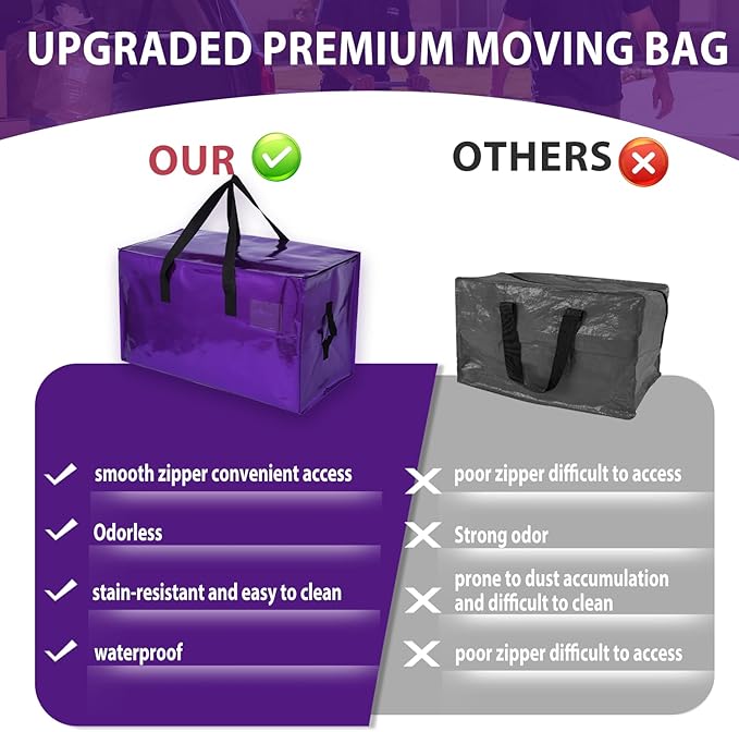 6 Pack Moving Bags Heavy Duty, Extra Large Moving Bags, Moving Supplies, Storage Bags with Handles and Zippers, Waterproof Totes for Storage Saving Packaging Shipping and Travel(Laser Purple)