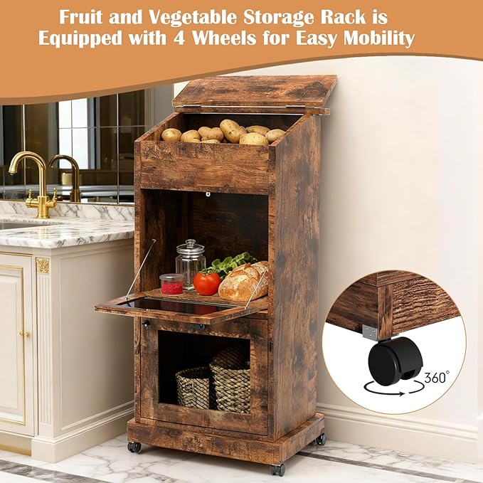Potato and Onion Storage Bin Wooden Potato Storage Cabinets with Mesh Doors Vegetable Storage Bread Box with Lid Movable Fruit Basket with Wheels Decorative Vegetable Organization Cabinet for Kitchen