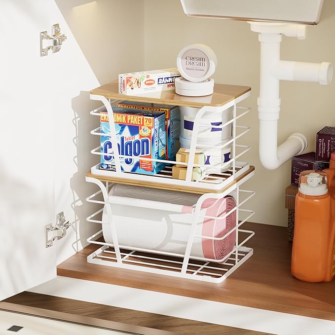 Extra Large 2 Pack Trash Bag Dispenser, Trash Bag Holder with Bamboo Top, Garbage Bag Dispenser, Storage Stackable for Kitchen Laundry Organizers Countertop Organization, White