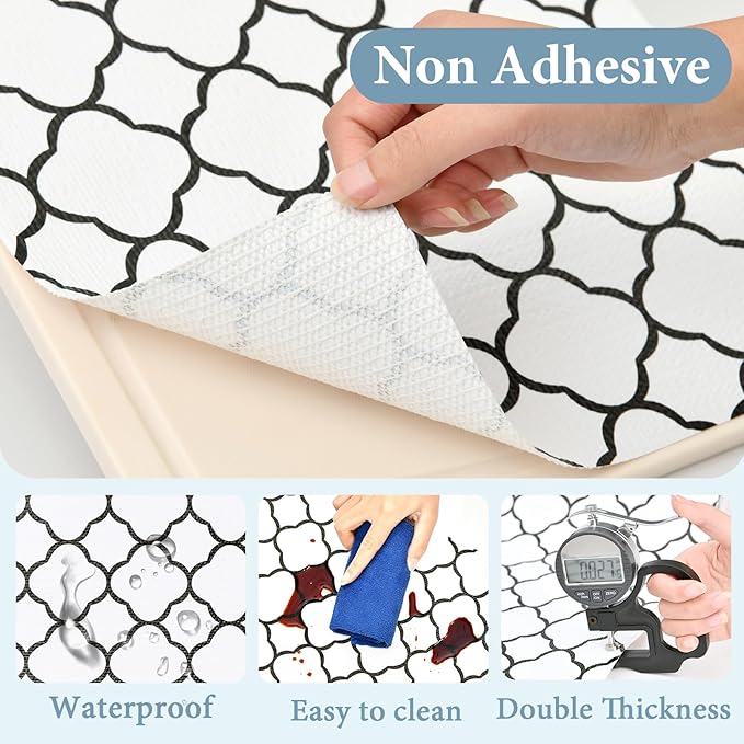 Shelf Drawer Liners for Kitchen Cabinets 17.3 x 236 Inches Non Adhesive Drawer Liner Thickened Refrigerator Liner Black Quatrefoil Strong Non-Slip Paper for Tool Box with Knife and Tape Measure