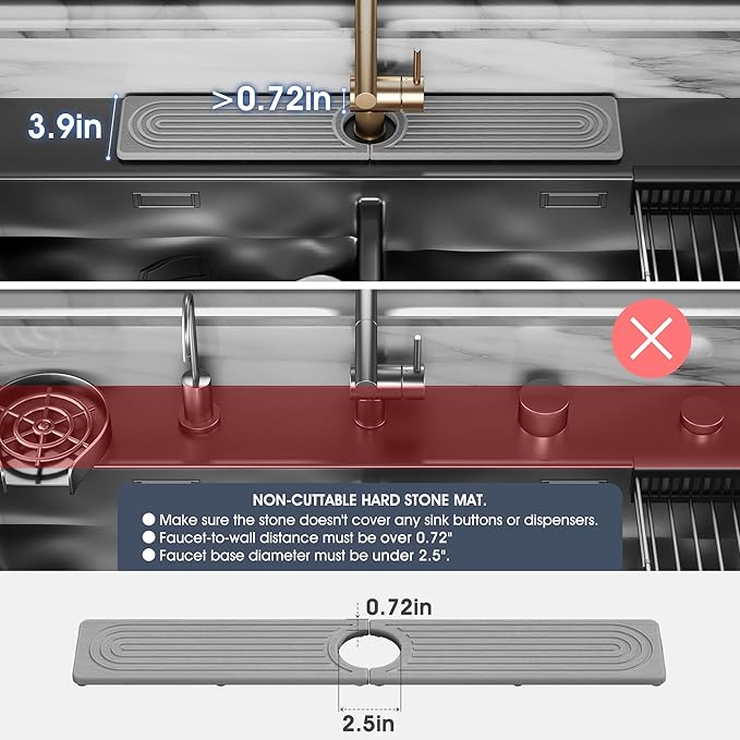 Quick Drying Stone Faucet Mat for Kitchen Sink - Diatomite Sink Mat Absorbing Stone Tray for Bathroom Counter, Sink Faucet Splash Guard Water Protector Matt for Kitchen Counter(Gray, 20" x 3.9")