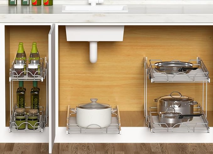 OCG Pull Out Cabinet Organizer (14.75" W x 17" D), Pull out Drawers, Cabinet Pull Out Shelves for Base Cabinet Organization in Kitchen Bathroom Pantry, Bottom Mount, Chrome Finish