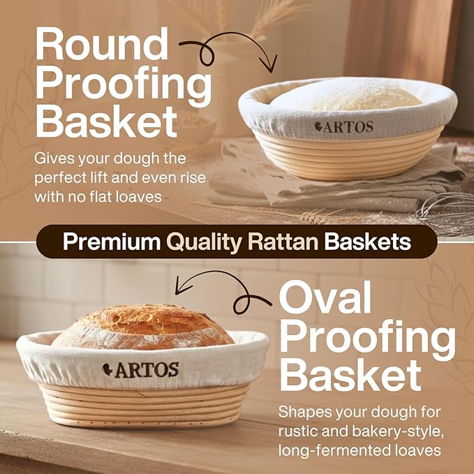 ARTOS ULTIMATE Sourdough Starter Kit | Banneton Bread Proofing Baskets with Bread Making Tools | Sourdough Bread Baking Supplies with Silicone Slings, Mat, Whisk, Scrapers Lame, Jar, Scale & Many More