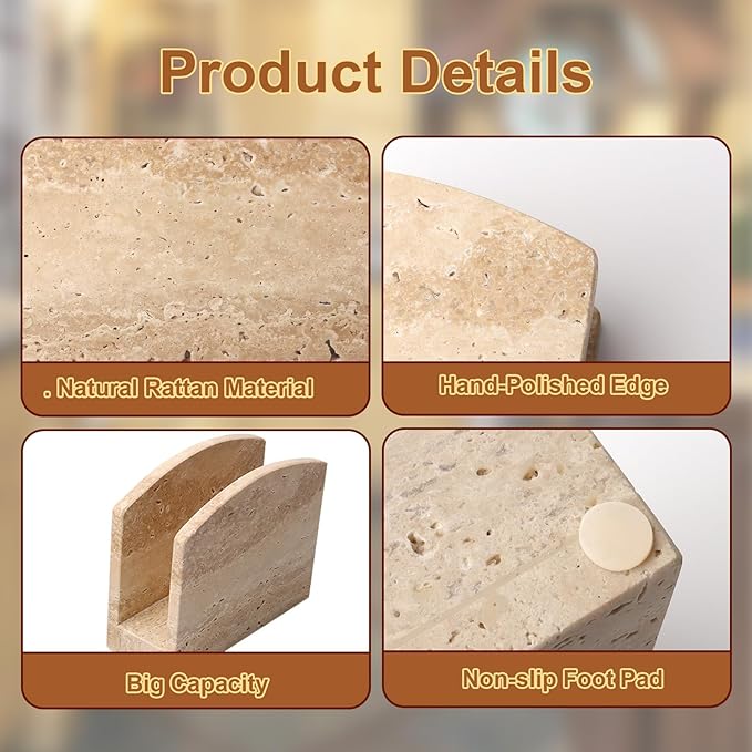 Shonmogar Travertine Stone Napkin Holder,Standing Napkin Holders Fit for 6.5”x6.5” Luncheon-Sized Napkins,Stone Napkin Holder for Table Kitchen Counter Dining Room Party Bar Decor,Beige