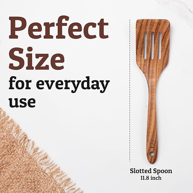 PriorityChef Teak Wooden Slotted Turner - Nonstick-Safe Cooking Spatula for Flipping, Stirring & Serving, Handcrafted from Single Block of Wood, Durable & Easy to Clean