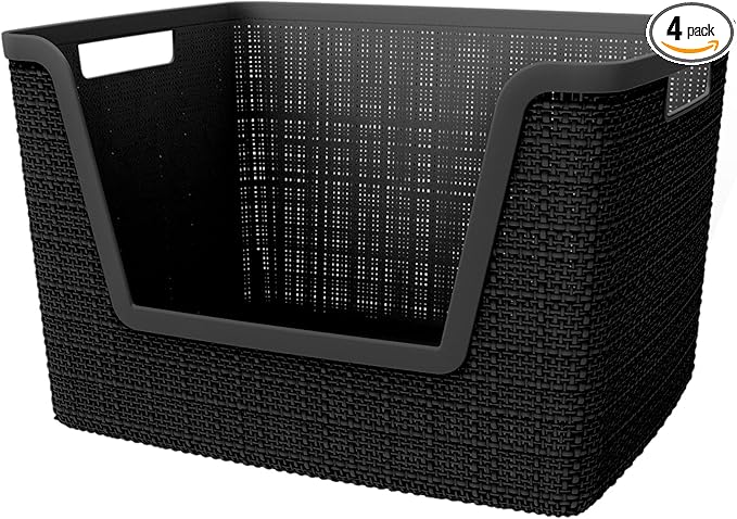 Curver Set of 4 Large 18L Easy Access Jute Decorative Plastic Organization and Storage Baskets - Perfect Bins for Home Office, Closet Shelves, Kitchen Pantry and All Bedroom Essentials, Black
