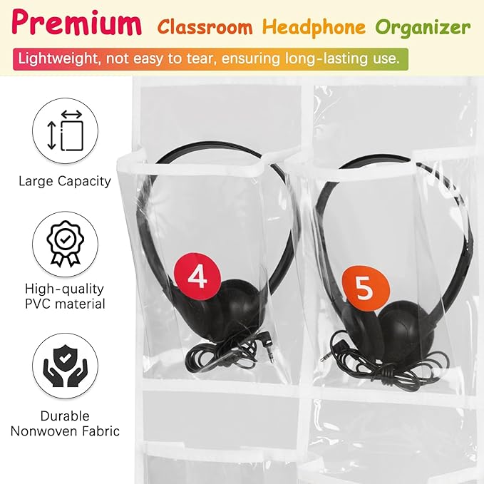 2 Pack Classroom Headphone Storage Organizer with 30 Pockets, PVC Clear Classroom Pocket Chart for Headphone Cell Phone Over-the-Door Hanging Headphone Holder Bag with 62 Labels(White)