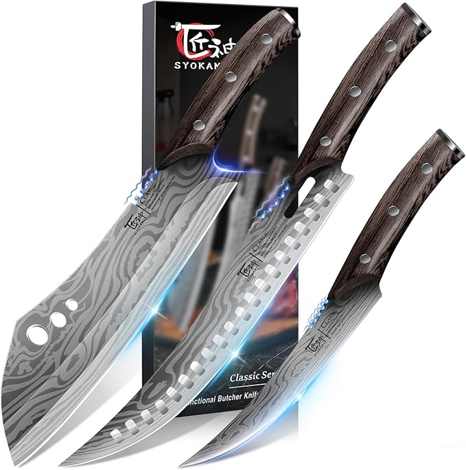 SYOKAMI Butcher Knife Set, 3 PCS Kitchen Knives Set for Cutting, Meat Cleaver Chef Knife Set, Japanese Style High Carbon Steel Knives Set, Chopping & Slicing & Boning for Home and BBQ, Christmas gift