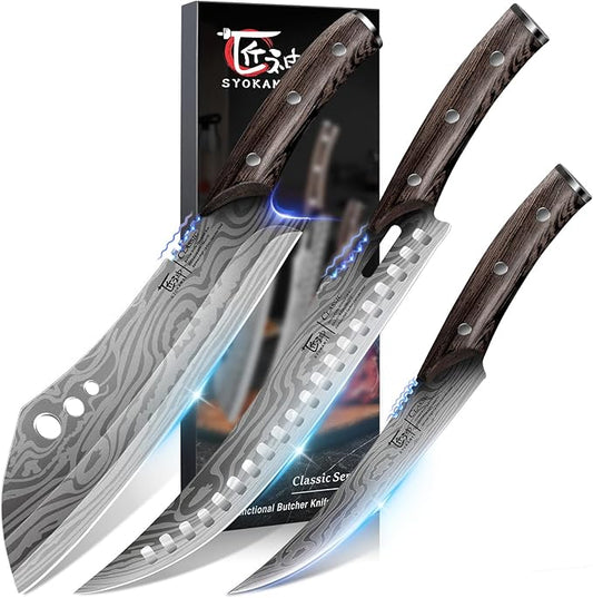SYOKAMI Butcher Knife Set, 3 PCS Kitchen Knives Set for Cutting, Meat Cleaver Chef Knife Set, Japanese Style High Carbon Steel Knives Set, Chopping & Slicing & Boning for Home and BBQ, Christmas gift