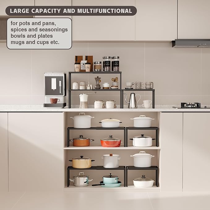 Magheo Expandable Cabinet Shelf Organizer, 2 Pack Stackable Kitchen Counter Shelf Riser, Metal Spice Rack Adjustable Heavy Duty Countertop Organizer Storage for Kitchen, Pantry, Cupboard, Rv (Black)