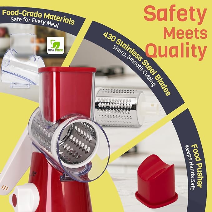 Nexsujo Rotary Cheese Grater Hand Crank, 3 Blades Slicer Shredder, Cheese Grater for Kitchen, Multi-Functional Kitchen Tool for Vegetables, Nuts, Chocolate, with Strong Suction Base, Red