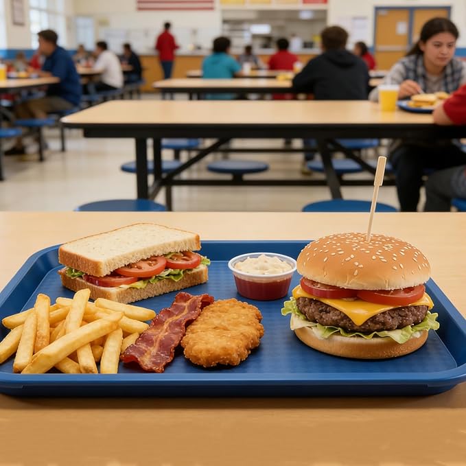 MAHIONG 12 Pack 16 x 12 Inch Blue Fast Food Tray, Large Rectangular Restaurant Serving Trays, Plastic Cafeteria Trays School Lunch Trays