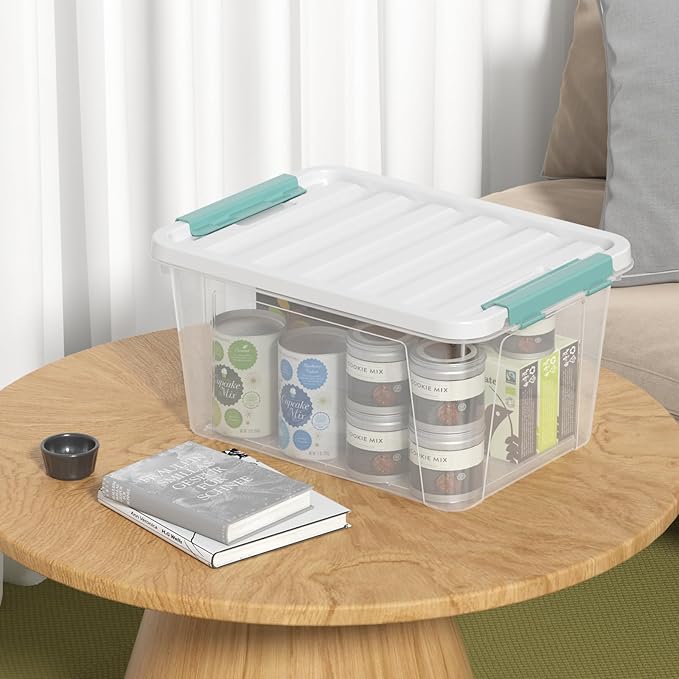 Begale 6-Pack 20 L Plastic Storage Bins with White Lids, Clear Storage Box with Handle