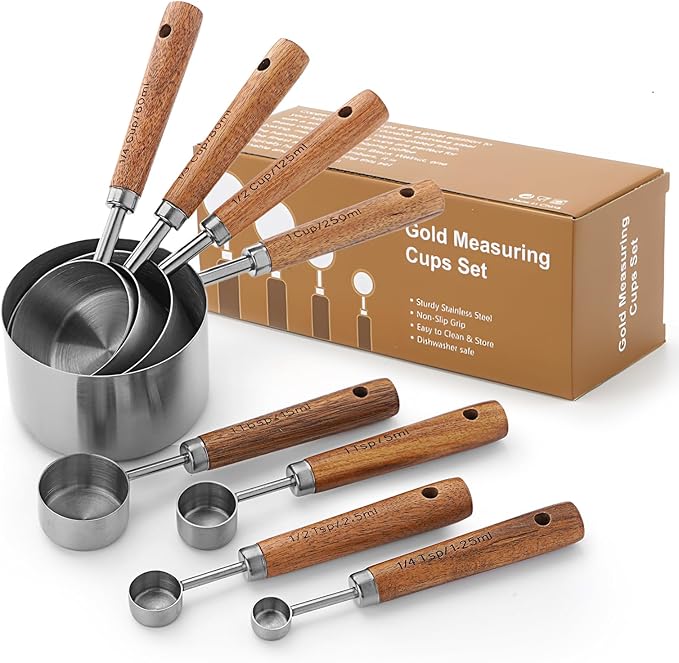 SHIKORI Gold Measuring Cups and Spoons Set with Wood Handles, Premium Stainless Steel Measuring Spoons and Measuring Cups Set-Silver