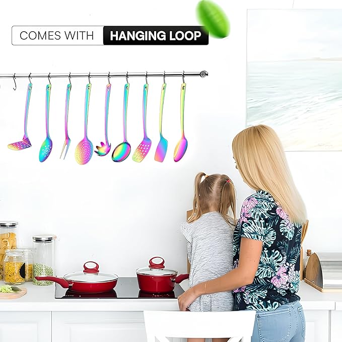 9 Pcs Premium Stainless Steel Kitchen Cooking Utensils Set Metal Cooking Utensils Tools Nonstick Heat Resistant -Ladle, Slotted Spoons, Slotted Turners, Masher, Fork, Skimmer, Spaghetti Server