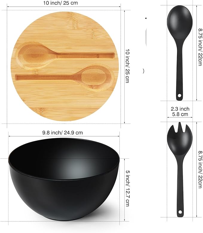 ECOHAGOU 10" Large Salad Serving Bowl with Utensils in Lid, Bamboo Fiber Salad Bowl with Lid, Mixing Bowl with Servers set for Pasta,Fruit,Veggies,Popcorn to Replace Wooden Bowls - Matte Black