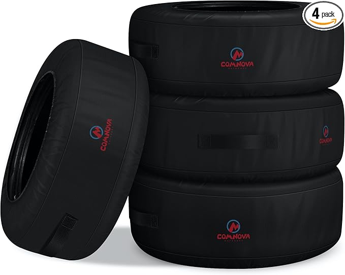 Comnova Seasonal Tire Totes 4 Pack - 600D Spare Tire Cover with Handle, Waterproof Heavy Duty Fade-Resistant Tire Storage Bag, Fits Tire Diameters 22" - 31", Black