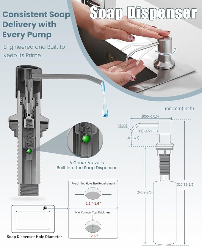 Kitchen Faucet with Soap Dispenser,Single Handle Faucet for Camper Farmhouse RV Kitchen Sink,Spring Kitchen Sink Faucets with Pull Down Sprayer and Deck Plate,Dual Function Spray Head,Brushed Nickel