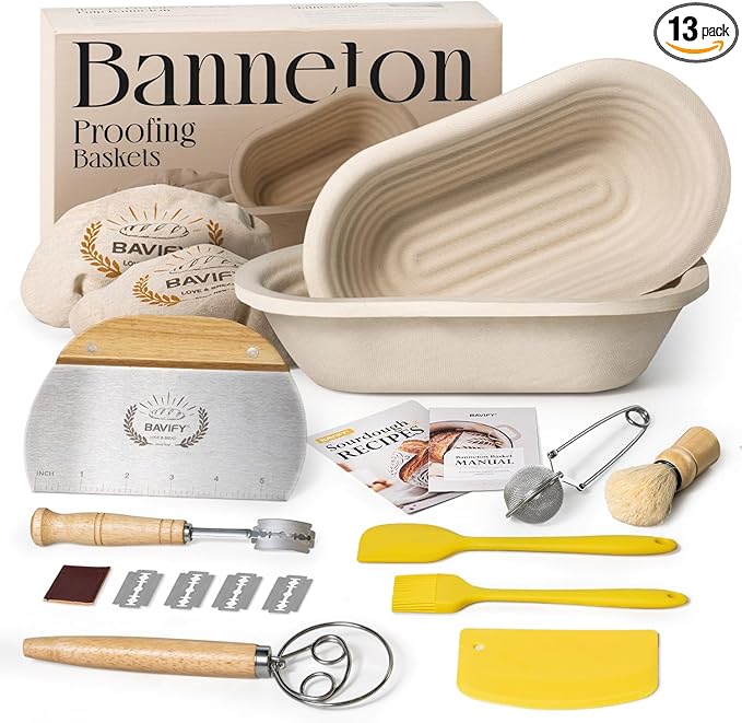 Wood Pulp Banneton Bread Proofing Basket Set, Banneton Basket Kit, Sourdough Bread Baking Supplies Making Tool (Oval Banneton Basket Set)