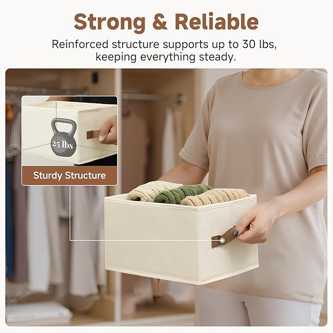 StorageWorks Storage Baskets for Shelves, Foldable Fabric Closet Storage Bins with PU Handles, Fabric Storage Bins Clothes Organizer, Ivory White, 3-Pack, Small