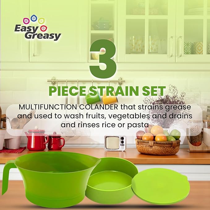 Easy Greasy 3-Piece Colander Grease Strainer Set – Green Grease Separator with Handle, Container & Lid – Strains Bacon, Pasta, Ground Beef – BPA-Free Kitchen Gadget