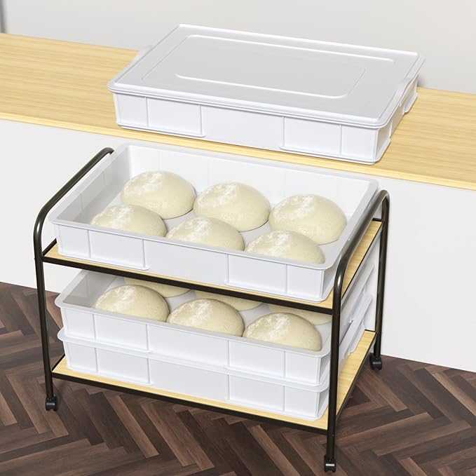Qskely 4 Pack Commercial Pizza Dough Proofing Box with Lid, Plastic Stackable Pizza Proofing Dough Trays, 23.62" x 16.42" x 3.74", White