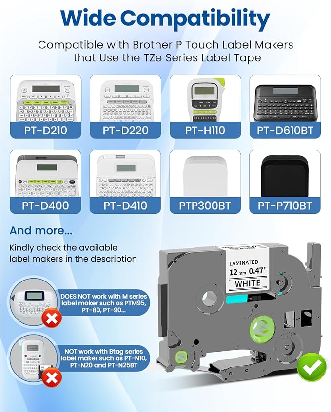 10-Pack 12mm 0.47 Laminated White Label Tape Replacement for TZe-231 Brother Label Maker Tape, AZe Black on White Label Tape Compatible with Brother P Touch Label Maker PT-D210 PT-H110 PT-D220