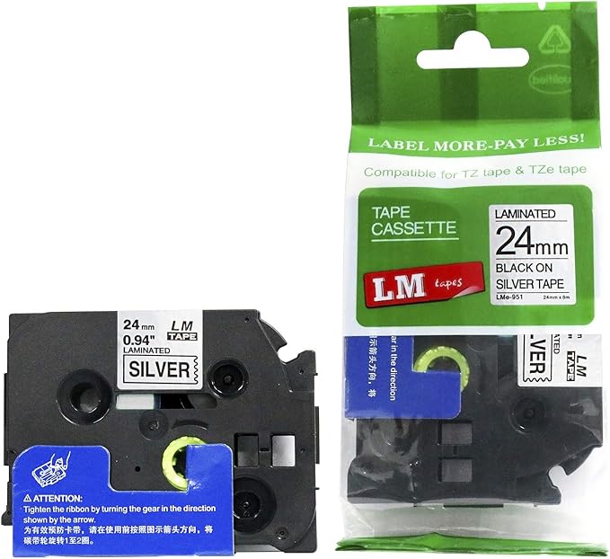 2/Pack LM Tapes - LMe951 Premium 1" Black Print on Silver Label Compatible with Brother TZe-951 P-Touch and Includes Tape Color/Size Guide. Replaces TZe951 24mm 0.94 Laminated
