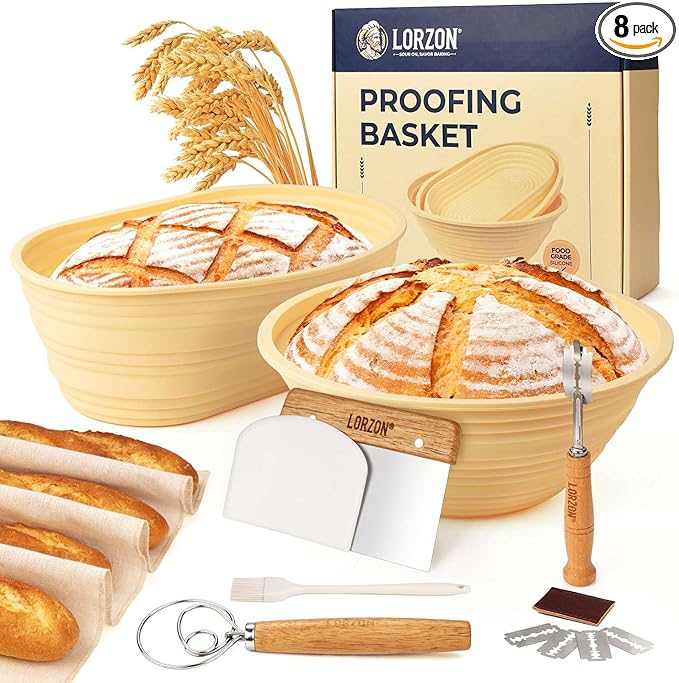 Lorzon Silicone Banneton Bread Proofing Baskets Set of 2, 9" Round & 10" Oval Foldable Sourdough Proofing Baskets with Sourdough Bread Baking Supplies, Complete Bread Making Kit