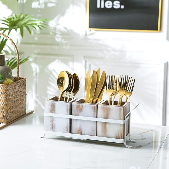 NelyBet Silverware Caddy Utensil Organizer for Countertop, Flatware Caddy with Metal Rack, Wooden Utensil Cutlery Holder with 3 Compartment for Kitchen Decor and Party -White