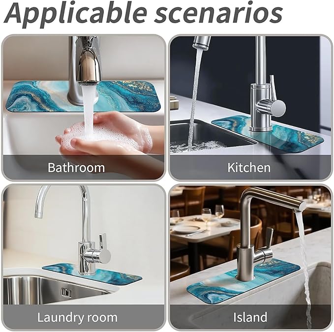 Kitchen Sink Splash Guard，Blue golden fluid marble Faucet Mat Sink Gadgets-Super Absorbent Fast Drying Mat Drip Catcher for Kitchen, Bathroom,Sink Mat, Dish Drying Mat, Bathroom(15" X 5.5" )