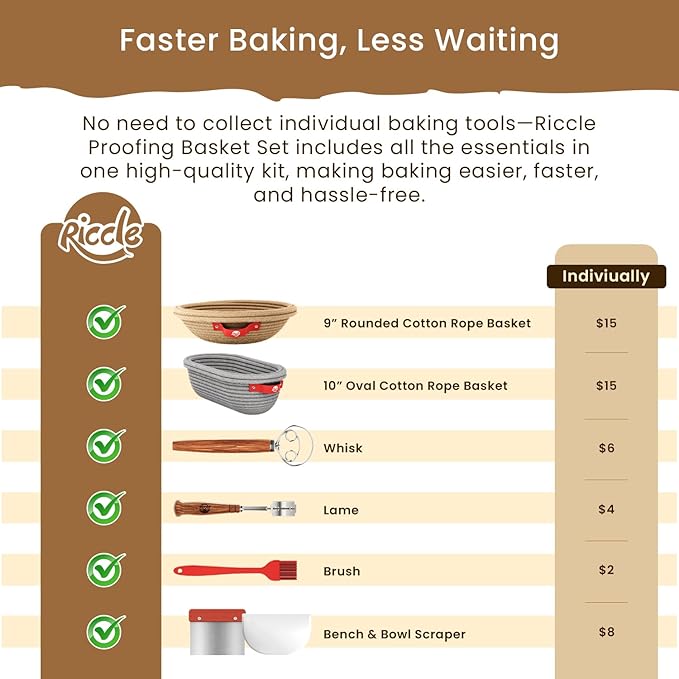Riccle Sourdough Starter Kit – Bread Baking Supplies & Bread Making Tools with Cotton Rope Proofing Basket (9” Round & 10” Oval), Bread Lame with 15 Blades, Dough Whisk, Bowl Scraper & Silicone Brush