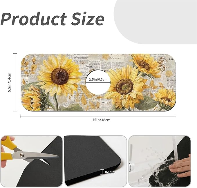 Kitchen Sink Splash Guard，cute sunflowers Faucet Mat Sink Gadgets-Super Absorbent Fast Drying Mat Drip Catcher for Kitchen, Bathroom,Sink Mat, Dish Drying Mat, Bathroom(15" X 5.5" )
