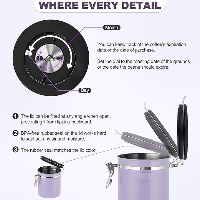 ShanSon Coffee Canister Airtight Coffee Container Stainless Steel Coffee Bean Storage Container with Scoop Coffee Canister for Beans Grounds Sugar Flour Tea Cereal,11OZ, Purple