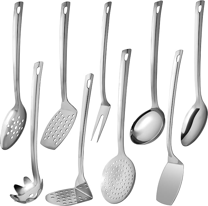 9 Pcs Premium Stainless Steel Kitchen Cooking Utensils Set Metal Cooking Utensils Tools Nonstick Heat Resistant -Ladle, Slotted Spoons, Slotted Turners, Masher, Fork, Skimmer, Spaghetti Server 13"