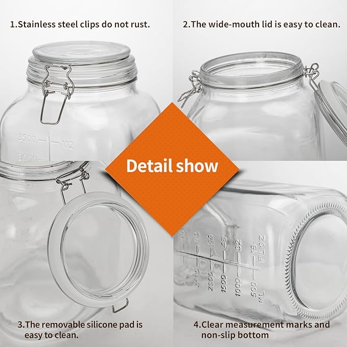 1.1 Gallon Large Glass Food Storage Jars with Airtight Lids,Set of 2 Square Wide Mouth Airtight Glass Storage Container,135oz Kitchen Mason Jar with Measurement Mark,for Flour Sugar Canning.