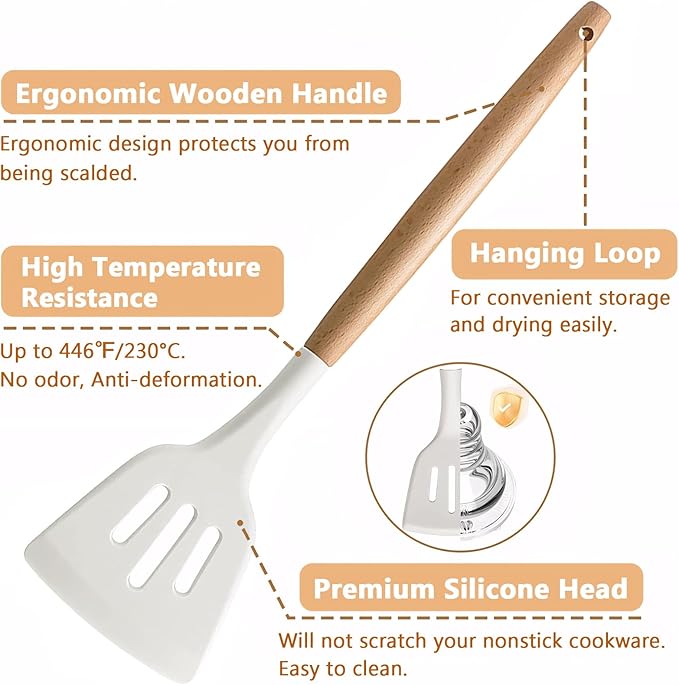IOCBYHZ Silicone Kitchen Utensils Set of 5, Cooking Utensil Set with Heat Resistant Wooden Handle Non-Stick Silicone Spatula Spoon Turner Ladle, BPA FREE Cooking Kitchen Gadgets for Cookware & Baking