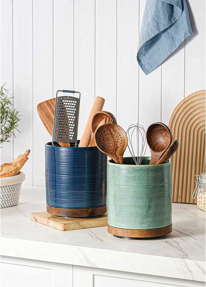 MIKIGEY Utensil Holder, 360° Rotating Extra Large Ceramic Kitchen Utensil Holder for Countertop, 7.3“ Cooking Utensil Crocks for Kitchen Counter with Rotatable Wooden Base, Farmhouse Decor, Dark Blue