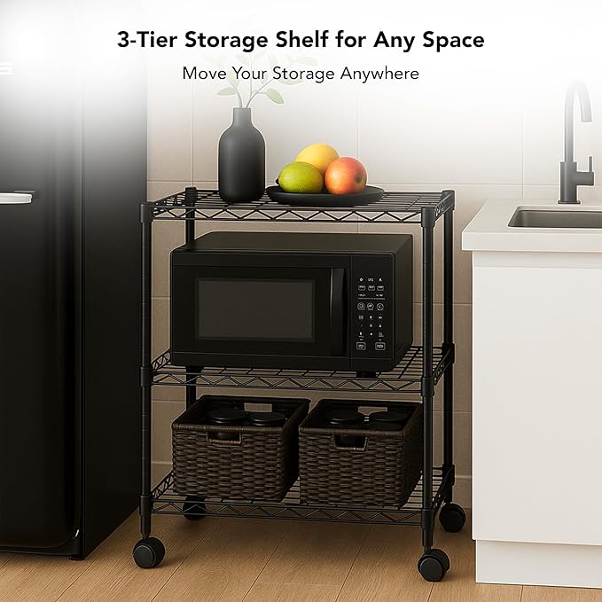 3 Tier Wire Shelving Unit Storage Rack, Metal Heavy Duty Utility Organizers, Organization Units for Metal Shelves, Pantry, Garage, Laundry Racks Durable Shelf Stand, 14"W x 24"L x 30"H, Black