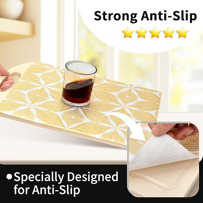 Shelf Liners for Kitchen Cabinets 23.62in x 20FT, Non Adhesive Cabinet Liner Strong Non-Slip Golden Leaf Drawer Liner, Easy to Clean for Shelf, Cabinet with Knife and Tape Measure