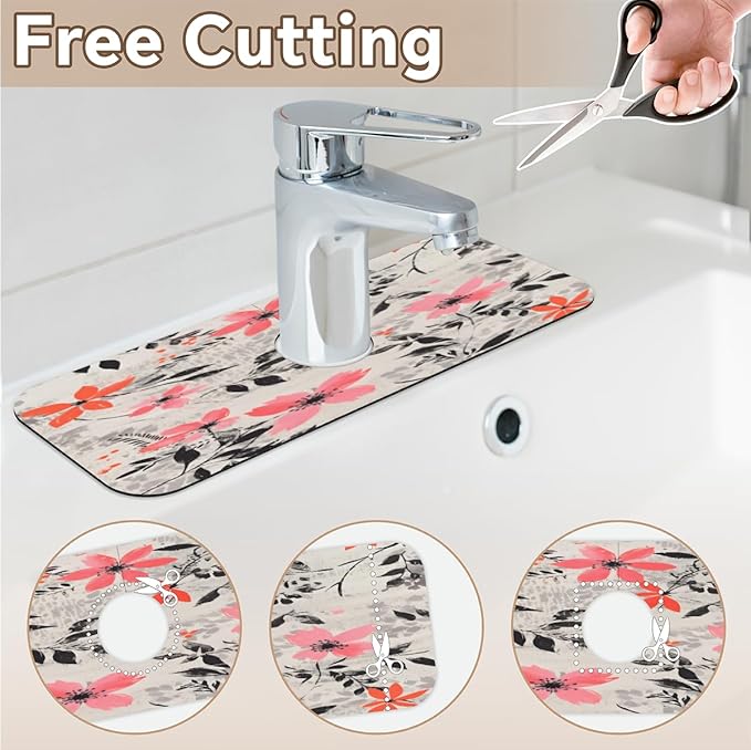 Gray Background Floral Kitchen Faucet Mat Splash Guard, 15.4”x5.7” Absorbent Quick Drying Sink Mat for Countertop Protection, Draining Mat Sink Protectors For Kitchen Bathroom, 1 Pack