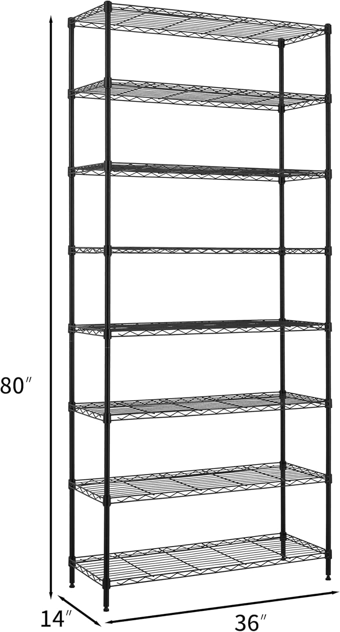Finnhomy 8-Tier Wire Shelving Unit - Adjustable Steel Rack, 14x36x80 Inches, 8 Metal Shelves for Pantry and Garage Storage - NSF Certified, Black
