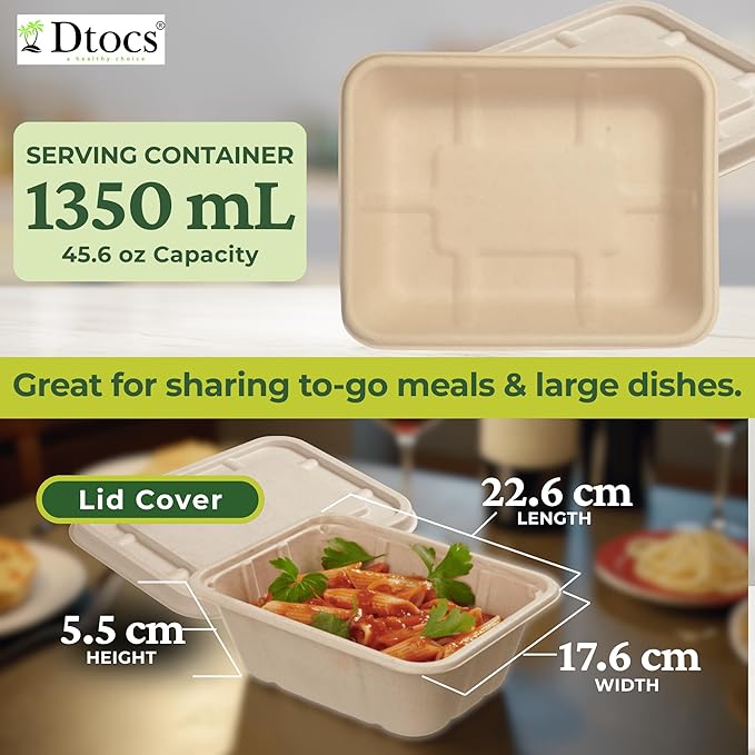 Dtocs Bamboo Fiber Meal Prep Containers with Lids 1350 ml, 40 Pcs | Bagasse Like Bamboo Disposable Container for Lunch, Salad, To Go Meal Box | Alternative to Paper, Plastic Food Containers