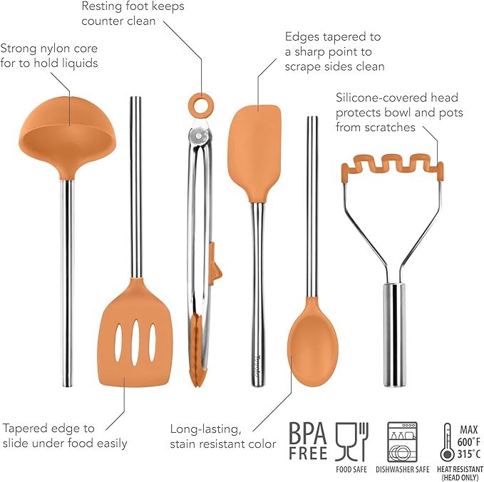 Tovolo Silicone Cooking Utensil Set of 6 Apricot Orange Ladle Slotted Turner Tongs Flex Core Spatula Scraper Mixing Spoon Potato Masher, Dishwasher Safe Non Toxic BPA Free Silicone Kitchen Utensils