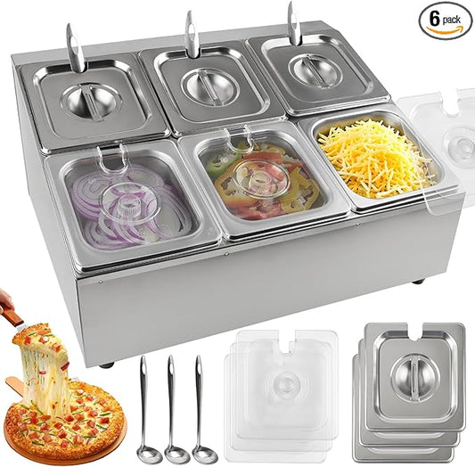 Lanstics Pizza Topping Station Pizza Storage Container Topping containers with Lids Spoon Condiment Organizers Buffet Containers Set for Restaurant Pizza Sauce Jam Fruit Ingredient (6 Pans)