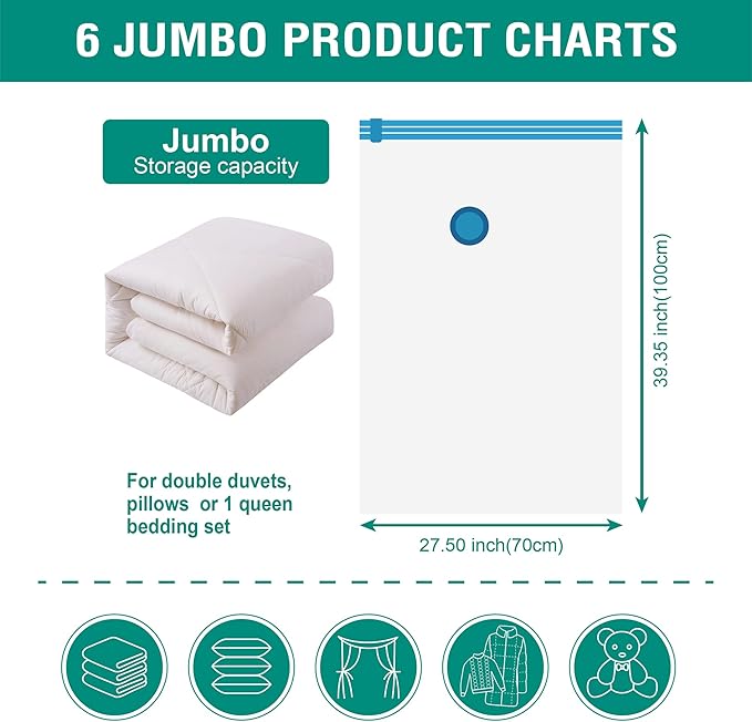 Cozy Essential 6 Jumbo Vacuum Storage Bags, Space Saver Bags Compression Storage Bags for Comforters and Blankets, Pillow, Bedding, Vacuum Sealer Bags for Clothes Storage