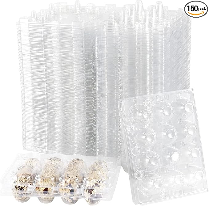 JOIKIT 150 PCS 12 Cavity Clear Plastic Quail Egg Cartons, PVC Stackable Egg Storage Box with Hinge Lid, Small Quail Egg Holder Cartons Cheap Bulks for Quail Eggs Farm Market Refrigerator Display