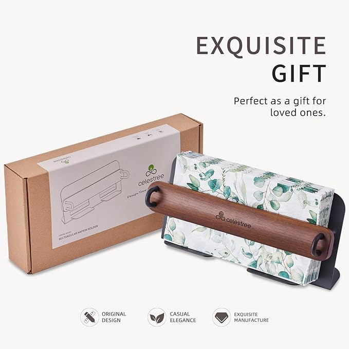 Celestree Unique Guest Towel Holder for Bathroom & Table - Modern Metal Napkin Dispenser with Walnut Weighted Arm, Rectangular Disposable Hand Towels Tray for Kitchen Steak Dinner, Vanity, Picnic