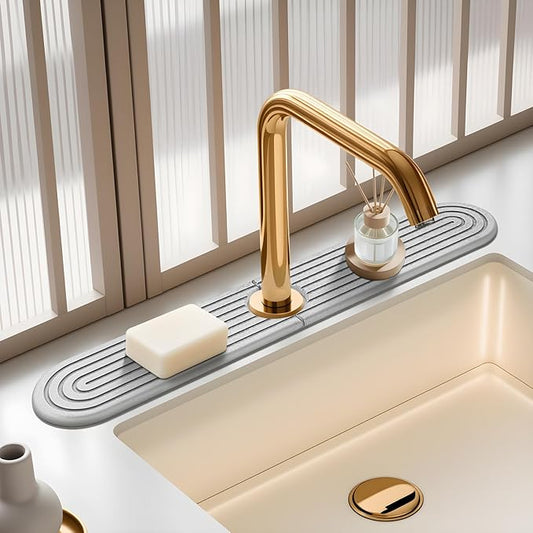Diatomite Stone Faucet Mat For Kitchen Sink-Absorbent Fast Drying Stone Sink Tray,Faucet Splash Guard Counter,Quick Dry Sink Mat Around Faucet For Kitchen & Bathroom (Light Gray-Oval,23.6" x 4")