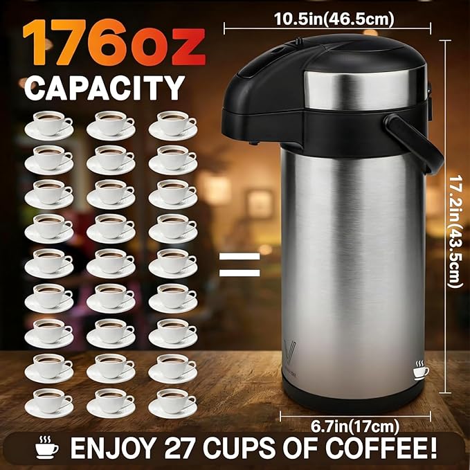 VONDIOR Airpot Coffee Dispenser with Pump - 176 oz Insulated Stainless Steel Coffee Carafe - Thermal Beverage Dispenser - Coffee Urn for Hot/Cold Water, Party Chocolate Drinks